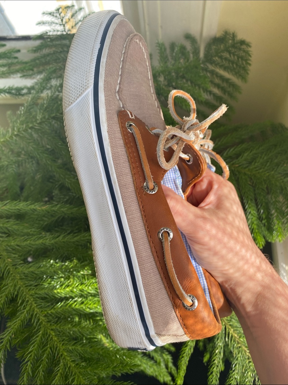 Sperry Two-Tone Tan Canvas and Brown Leather Boat Shoes